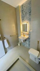 开罗Cozy apartment in down town的白色的浴室设有水槽和卫生间。