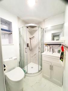 多伦多New Renovated Cozy Bedroom with Private washroom的带淋浴、卫生间和盥洗盆的浴室