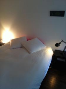巴黎安妮勒特博加酒店的一间卧室配有一张带白色床单和一盏灯的床。
