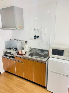 大阪大阪楓晴101的厨房配有水槽和微波炉