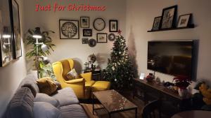 隆达Apartamentos Los Descalzos Free Parking的客厅配有圣诞树和沙发