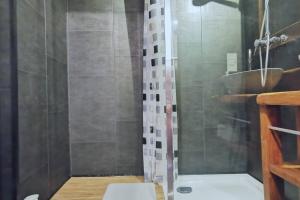 圣热尔韦莱班Studio cosy au pied des pistes avec piscine的带淋浴、卫生间和盥洗盆的浴室