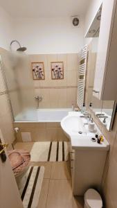埃格尔Patak apartman的一间带水槽、浴缸和卫生间的浴室