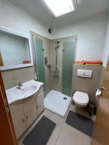 普福尔茨海姆Ruhige geräumige Wohnung的一间带水槽、卫生间和淋浴的浴室