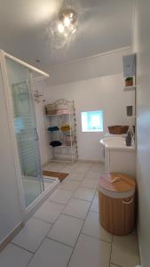 MiersAu Grand Bonheur - Gîte Padirac - Rocamadour的带淋浴、卫生间和盥洗盆的浴室