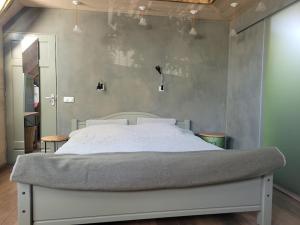 Den DungenStudio Nok bij Den Bosch的卧室内的一张床位,卧室内有灰色的墙壁