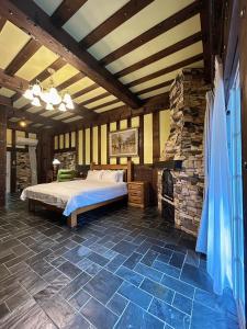 鱼池乡日月潭森堡萊夫莊園的一间卧室配有一张床和一个石头壁炉