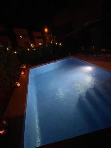 马德里Spectacular villa with pool in Madrid and privacy的夜间大型蓝色游泳池