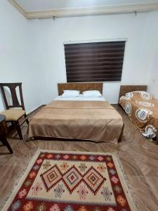 杰拉什Jerash ruins hotel的卧室配有一张床,地板上铺有地毯