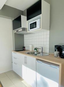 卢森堡阿拉米斯一室公寓公寓式酒店的厨房配有水槽和微波炉