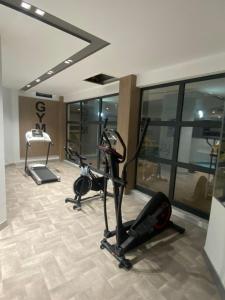 莫纳斯提尔City Business Monastir Center的健身房设有两辆健身自行车和跑步机