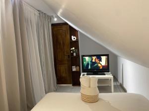 ŞotrileChalet Husky的白色的客房配有床和电视
