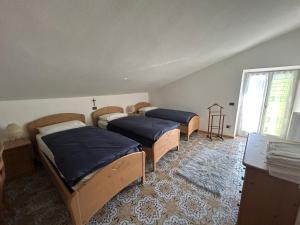 布伦托尼科CA' EDDA APPARTAMENTO GIULIA的一间卧室设有三张床和窗户。