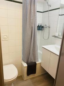 库尔布瓦Appartement Privé La Défense Paris的一间带卫生间和淋浴帘的浴室
