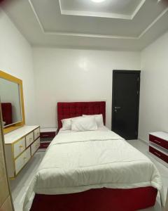 莱基Urban Retreat Luxury Shortlet Apartment Lekki Lagos的一间卧室配有一张大床和镜子