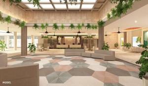勒莫尔尼Riu Turquoise - All Inclusive的 ⁇ 染大厅的长沙发和植物
