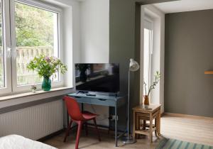 杜伊斯堡Central apartment with Terrace的客房设有书桌、电视和窗户。