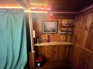 吉布Nebula Nook TreeHouse的一间设有木墙、书架和图片的房间