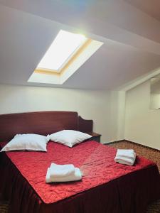 德罗贝塔-塞维林堡弗洛拉酒店的一间卧室配有一张床,上面有两条毛巾