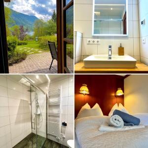 魏森湖Chalets Zöhrer - Wohnen am Wasser的客房设有床、水槽和镜子