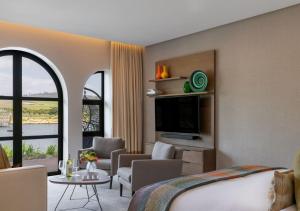 斯泰伦博斯The Hazendal Hotel in the Stellenbosch Winelands by NEWMARK的一间酒店客房,配有一张床和一台电视