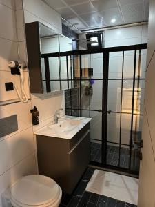 卡赫拉曼马什拉MARASIUM SUITES的浴室配有卫生间、盥洗盆和淋浴。