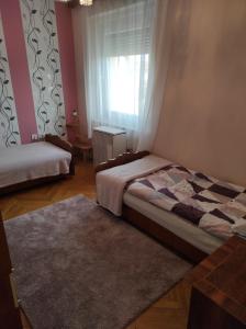 基什孔豪洛什SIESTA vendégház的一间卧室设有两张床和窗户。