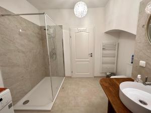格蒙登exquisit home in historic vault的带淋浴和盥洗盆的浴室
