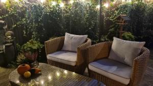 克拉科夫Emerald Spa Guest house的庭院配有两把椅子和一张桌子,还有一些植物