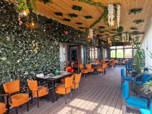 GreciRelax的餐厅设有绿色墙壁,配有桌椅