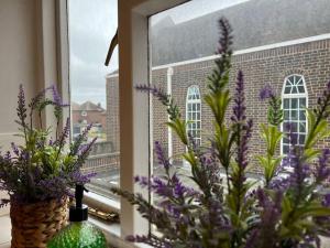 WellingCentral Welling Flat的窗边的紫色花朵和花瓶