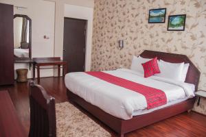 西隆Windermere Inn的一间卧室配有一张带红色枕头的大床