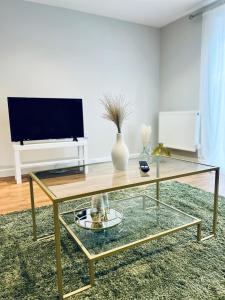 赫默尔亨普斯特德Absolutely Beautiful Hemel Hempstead 2-bedroom for 1-5 Guests - contractors welcome的客厅配有玻璃桌和电视