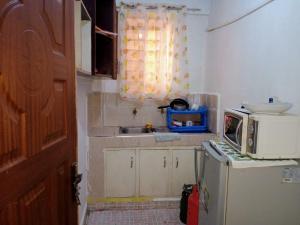 尼耶利Chaka Airbnb.的小厨房配有冰箱上方的微波炉