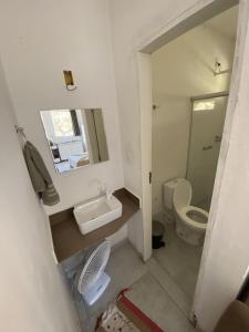西波山Chalés Paradise - Casal的一间带卫生间、水槽和镜子的浴室