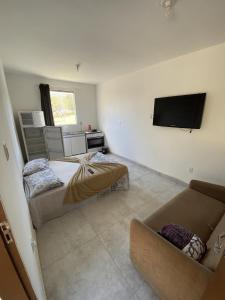 西波山Chalés Paradise - Casal的客厅配有两张床和一台平面电视