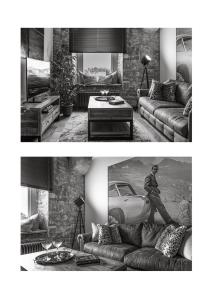 普里茅斯RWY Suite007 Luxury Signature Apartment with sea view的一张沙发和一辆车的客厅的两张照片