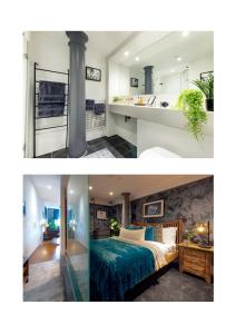 普里茅斯RWY Suite007 Luxury Signature Apartment with sea view的卧室配有一张床和一间浴室的两张照片