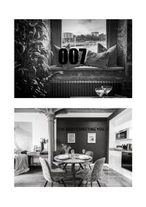 普里茅斯RWY Suite007 Luxury Signature Apartment with sea view的一张黑白相间的一张带桌子的客厅的照片