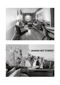普里茅斯RWY Suite007 Luxury Signature Apartment with sea view的客厅的黑白照片