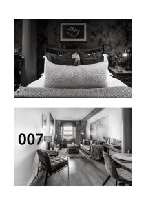 普里茅斯RWY Suite007 Luxury Signature Apartment with sea view的一张黑白相间的一间卧室和一个客厅