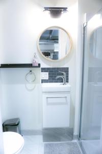 蒙特利尔Cozy apartment in Ahuntsic with Free Parking and near metro station的白色的浴室设有水槽和镜子