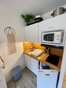 丰罗默奥代洛维亚Joli studio avec parking privé的带微波炉和水槽的小厨房
