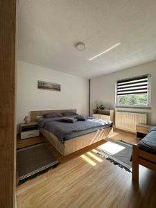 亚伊采Kamenice soba L的一间卧室设有一张大床和一个窗户。