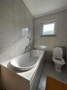 亚伊采Kamenice soba L的白色的浴室设有浴缸和卫生间。