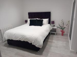 彭里斯Riverside Annex at Ashbank的一间卧室配有一张大床,配有白色床单和黑色枕头。
