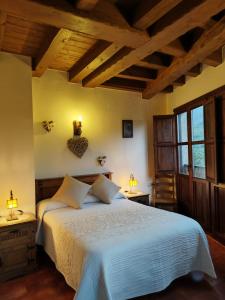 赫尔特Complejo Rural Las Palomas的一间带一张大床的卧室,位于一个拥有木制天花板的房间