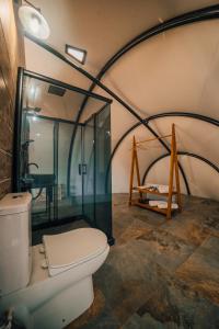萨潘贾SNAİL HOUSE SAPANCA的一间带卫生间和玻璃墙的浴室