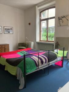 科隆Art Loft的一间卧室配有一张带彩色毯子的床