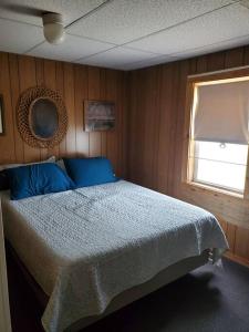WarnerTranquil 4br lakefront home with wrap around deck的一间卧室配有一张带蓝色枕头的床和一扇窗户。